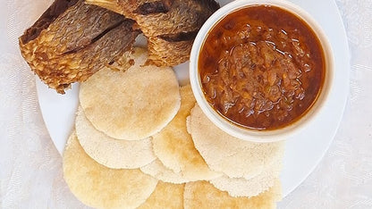 Cassva Bread, Fry fish & gravy (Sierra Leone)