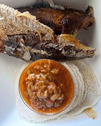 Cassva Bread, Fry fish & gravy (Sierra Leone)